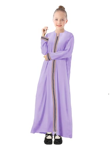 WSPLYSPJY Kids Girls Gold Embroidered Muslim Dress Abaya Long Sleeve Eid Robe Prayer Clothes - color: Light Purple, size: 11-12 Years