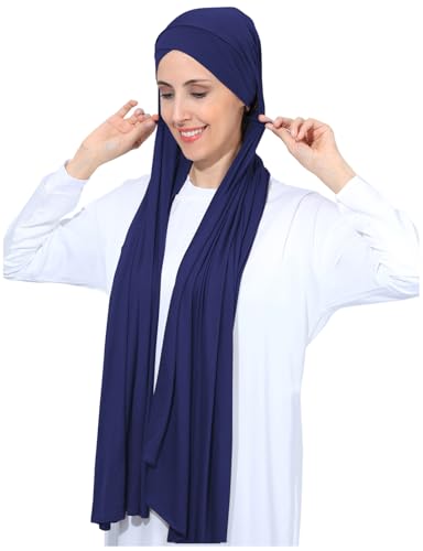 Instant Jersey Cotton Hijab Scarf for Women, Non-See Through Tieback Muslim Head Scarf - color: Navy Blue