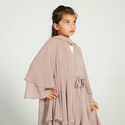Chiffon layered Open Abaya Dubai Kaftan Muslim Cardigan Abayas Dresses For Girls Casual Robe Kimono Islam Clothing - color: Champagne, size: 9-10 Years