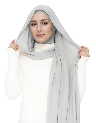 Lina & Lily Flowy Chiffon Instant Hijab Scarf Attached Jersey Ninja Undercap Full Coverage for Muslim Women - color: Light Gray