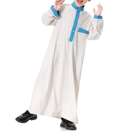 Arabic Thobe for Muslim Boys Eid Outfit Long Sleeve Kaftan Kids Prayer Dress Boys Muslim Thobe Ramadan Islamic Clothing - color: Beige, size: 3-4T