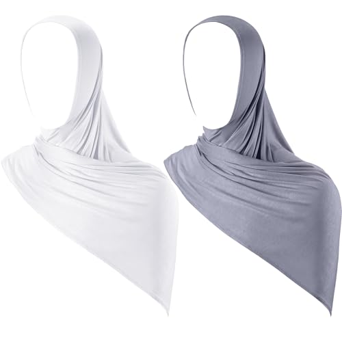 Handepo 2 Pcs Instant Hijab Jersey Hijab for Women Muslim Head Scarf Soft Lightweight Long Stretch Scarf Shawl Wrap - color: White, Gray