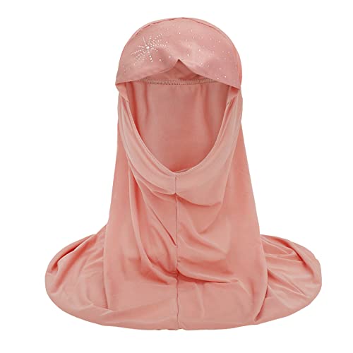 Girls Muslim Hijab Floral Lace Head Scarf Kids Islamic Arab Scarf Shawls Head Wrap with Flowers - color: Pink (With Rhinestone)