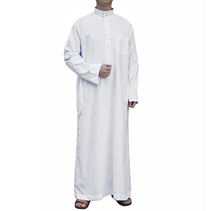 Men's Saudi Arabic Thobe Jubba Dishdasha Long Sleeve Robe Ramadan Muslim Dress Middle East Islamic Clothing (328# White, L), Large