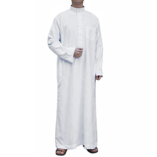 Men's Saudi Arabic Thobe Jubba Dishdasha Long Sleeve Robe Ramadan Muslim Dress Middle East Islamic Clothing (328# White, L), Large