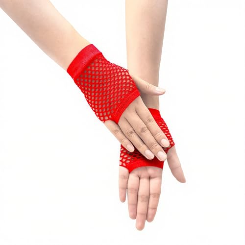 Short Fishnet Gloves for Women Fingerless Mesh Fishing Net Gloves 80s Fish Net Arm Sleeves Halloween Party Cosplay Costume - color: Red