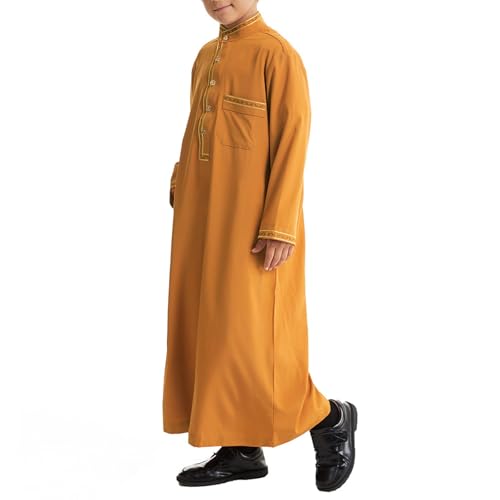 Muslim Thobe for Boys Islamic Thobe Long Sleeve Kaftan Stand Collar Button 𝐑obe Kids Ramadan Eid Outfit Prayer Clothes - color: Yellow, size: 5-6X