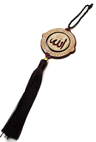 Car Rear Mirror Hanging Islamic Wooden Pendant Ornament AMN145 Allah Muhammad Arabic Names Engraved Calligraphy w/Decorative Tassel Muslim Eid Ramadan Gift