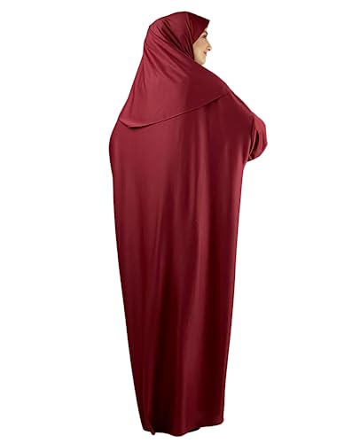 Women Prayer Clothes with Hijab Muslim Outfits Long Robe Abaya Turkish Islamic Dresses Dubai Kaftan with Rosary - color: Burgundy