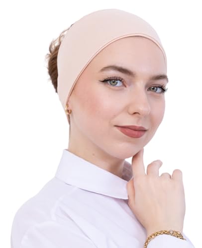 Prien Women Cotton Hijab Cap, Stretchy Head Cover, Pre-Sewn Inner Muslim Scarf Undercap, Non Slip Headband for Daily Wear - color: Beige