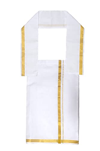Chandrakala Boys Silk Blend Shirt with Kasavu Mundu, Dupatta & Dhoti Set | Kids Indian Traditional Party Wear(KB101) - color: Mustard Gold, size: 3-4T