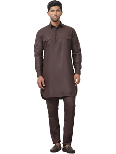 Maple Clothing Punjabi Kurta Pajama Set Pathani Mens Cotton Indian Clothes Bollywood Outfit - color: Coffee, size: Large