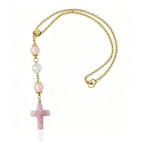 Car Rosary for Rearview Mirror, Pink Quartz Cross Car Charm Hanging Ornament, Handmade Natural Stone Car Mirror Hanger, Boho Interior Decor Accessories (Pink) - color: Pink