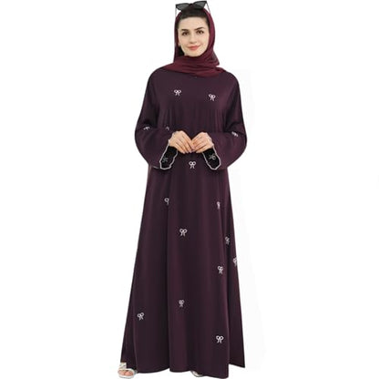 Abaya Dress for Muslim Women Bow Front Zipper Side Pockets Ramadan Eid Robe - color: Wine Red, size: Small