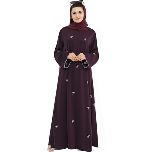 Abaya Dress for Muslim Women Bow Front Zipper Side Pockets Ramadan Eid Robe - color: Wine Red, size: X-Large