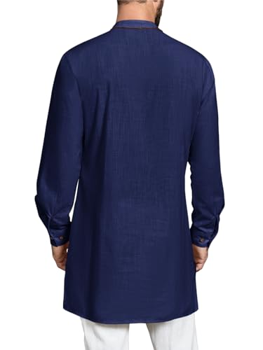Gafeng Mens Kaftan Thobe Long Sleeve Robe Gown Casual Cotton Linen Button Muslim Shirt - color: Navy, size: Medium