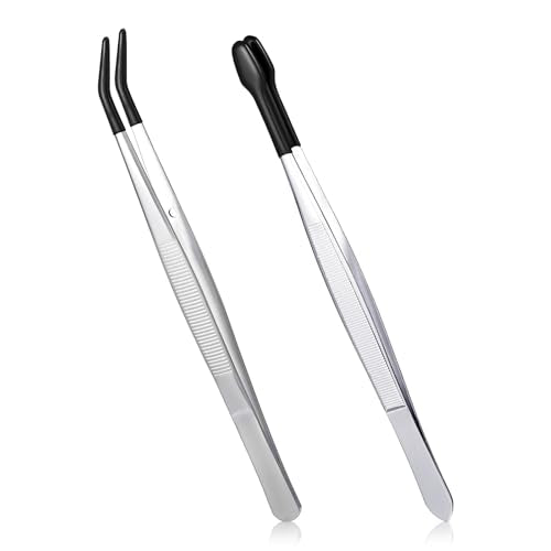2 Pcs Tweezers with Rubber Tips, Curved Bent Tip Tweezers PVC Coated Tweezers Long Stainless Steel Tweezers Precision Tweezers Set for Crafts Stamps Jewelry Industrial Electronic Lab (Black)