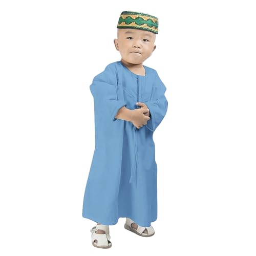 ITODA Embroidered Muslim Arabic Thobe Long Sleeve Kaftan Islamic Ramadan Prayer Robe - color: Blue