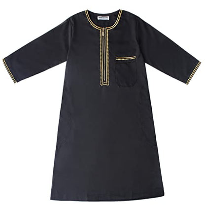 IDOPIP Muslim Boys Thobe for Kids Islamic Arabic Middle East Loose Kaftan Robes Long Zipper Prayer Thobes Dress with Pockets - color: Black - Zipper, size: 11-12 Years