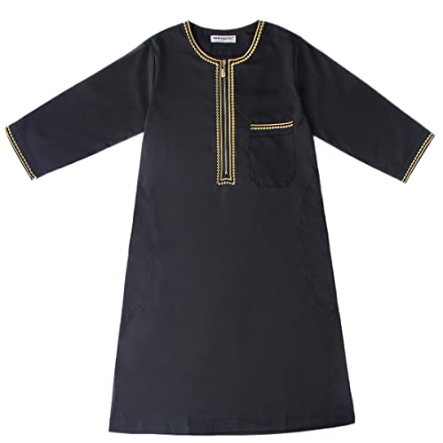 IDOPIP Muslim Boys Thobe for Kids Islamic Arabic Middle East Loose Kaftan Robes Long Zipper Prayer Thobes Dress with Pockets - color: Black - Zipper, size: 13-14 Years