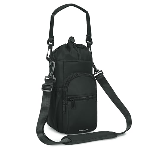 sportsnew 40oz Insulated Crossbody Water Bottle Bag Gym Hiking Phone Pocket | Water-resistant Lining, Padded Strap, Top Handle, Drawstring, Phone Pocket, Elastic Slots, Built-In Key Clip for Gym Walking - color: Black