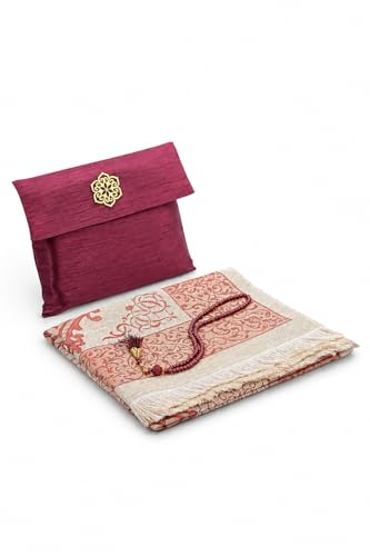 ihvan online Muslim Prayer Rug with 99 Beads Tasbih & Travel Bag, Soft Taffeta Sajadah, Lightweight & Foldable Janamaz, Portable Prayer Mat, Islamic Gift for Eid, Ramadan, Hajj & Umrah, Burgundy - color: Burgundy