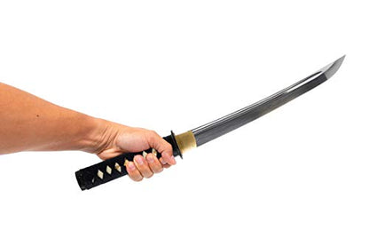 Hand Forged 1045 Carbon Steel Musashi Crest Tanto Full Tang Sword | hand-sharpened for tameshigiri, wavy temper, bo-hi groove, openwork guard, rayskin grip
