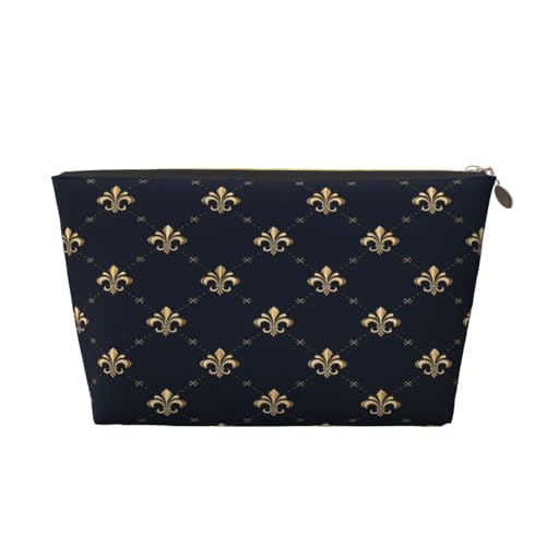 Leather Makeup Bag for Purse, Waterproof Small Toiletry Bag with Zipper, Cute Cosmetic Bags for Women, Navy Gold Fleur De Lis Pattern Travel Pouch - color: Navy Gold Fleur De Lis Pattern