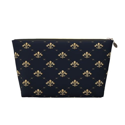 Leather Makeup Bag for Purse, Waterproof Small Toiletry Bag with Zipper, Cute Cosmetic Bags for Women, Navy Gold Fleur De Lis Pattern Travel Pouch - color: Navy Gold Fleur De Lis Pattern