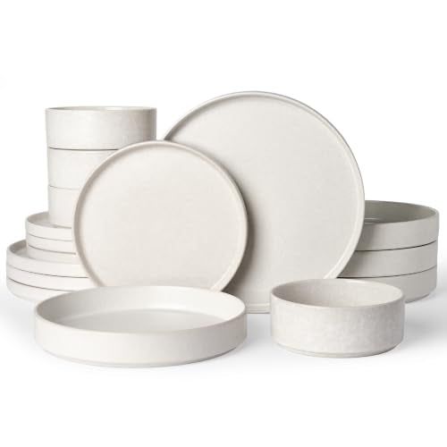 Famiware Nebula 16-Piece Stoneware Dinnerware Set with Pasta Bowls - color: Matte Beige White, size: Service for 4 (Include Pasta Bowls)
