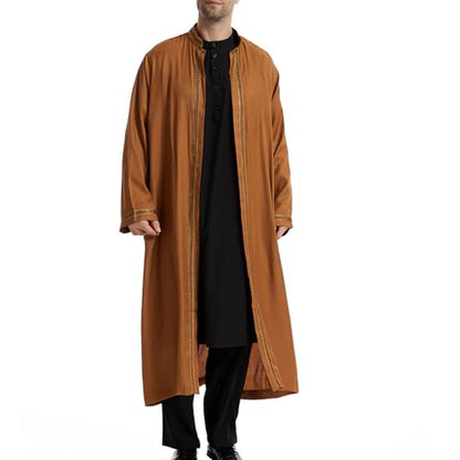 Thobe for Men Abaya Islamic Clothing Loose Long Sleeve Muslim Kaftan Open Front Dubai Arabic Robe Prayer Costume - color: Khaki, size: XX-Large