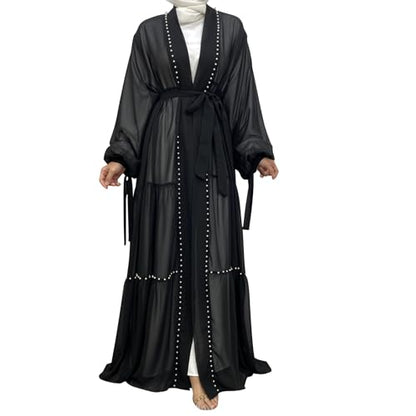 Abayas For Women Muslim Ramadan Long Sleeve Open Front Imitation Pearls Tiered Chiffon Dress Cardigan with Belt Dubai Kaftan - color: Black, size: Small