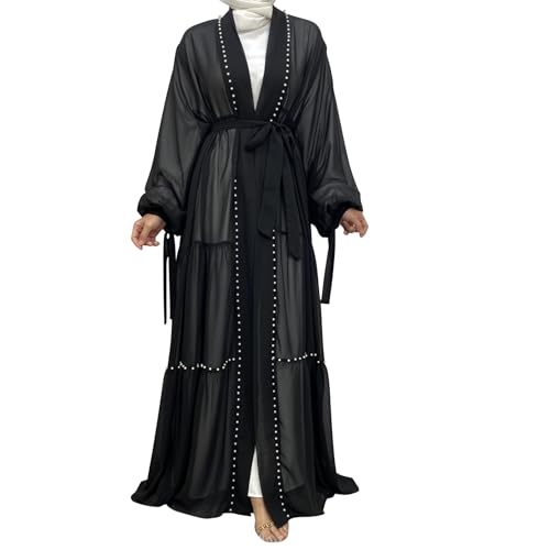 Abayas For Women Muslim Ramadan Long Sleeve Open Front Imitation Pearls Tiered Chiffon Dress Cardigan with Belt Dubai Kaftan - color: Black, size: Small