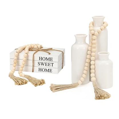 Reallnaive 8 Pcs Rustic Vase Centerpieces, Home Sweet Home | Boho Ceramic Vase, Decorative Books, Wood Bead Garland with Tassels, Farmhouse Table Island Living Room Decor - style: Home Sweet Home
