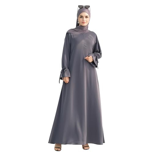 Tie Cuffs Dress Solid Color Abaya for Women Front Zipper Robe with Pocket Daily Islamic Prayer Clothes - color: Dark Grey, size: X-Large
