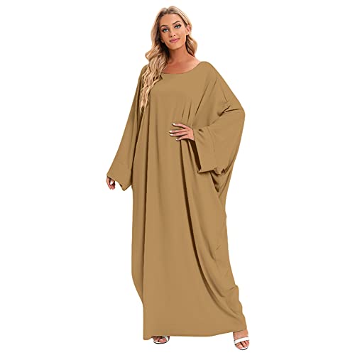 Muslim Dress for Women Pakistani Kaftan Abaya Robe + Hijab Arabic Islamic Prayer Clothes Dubai Outfits - color: Khaki Set