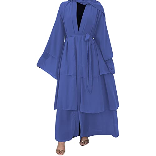 Muslim Chiffon Abaya for Women Open Front Cardigan Modest Dress with Hijab Scarf Middle East Arabian Robe Islamic Long Dress - color: Blue, size: Large
