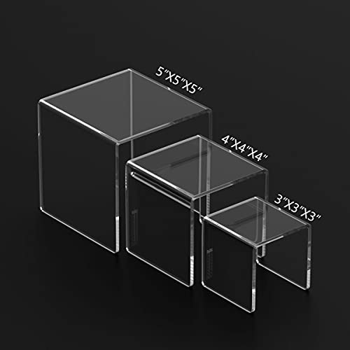 HIIMIEI Clear Acrylic Display Risers 2 Sets, 3-Tier Risers Stands Showcase for Amiibo Funko Pop Figures, Dessert, Jewelry-3"x4"x5" - size: 3"x4"x5"