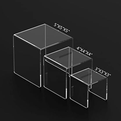 HIIMIEI Clear Acrylic Display Risers 2 Sets, 3-Tier Risers Stands Showcase for Amiibo Funko Pop Figures, Dessert, Jewelry-3"x4"x5" - size: 3"x4"x5"