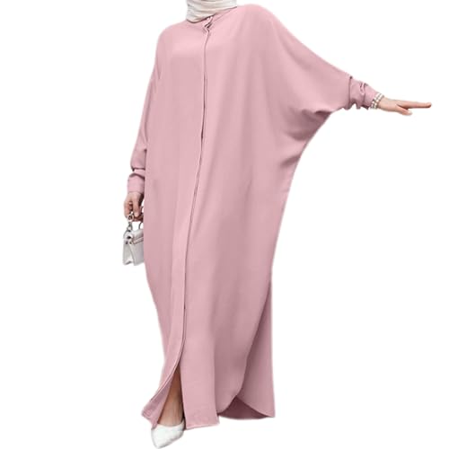 IKADEX Women Batwing Sleeve Abaya Button Loose Fit Long Maxi Muslim Dress Islamic Kaftan Prayer Robe - color: Pink