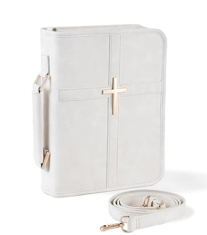 Vegan Leather Bible Cover Case, Bible Bag with Phone Pocket, Bible Case for Women, Christian Gift Box Packaging (White – with Strap) - color: White – With Strap