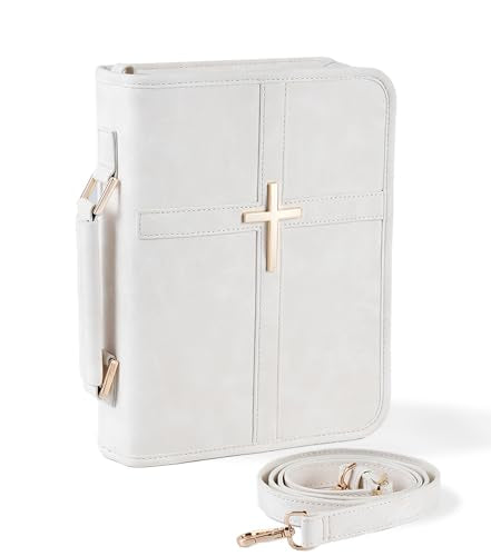 Vegan Leather Bible Cover Case, Bible Bag with Phone Pocket, Bible Case for Women, Christian Gift Box Packaging (White – with Strap) - color: White – With Strap