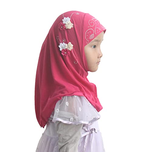 Instant Hijab for Kids Girls Hijabs Muslim Islamic Head Scarf with Rhinestone and Flowers - color: Rose Red