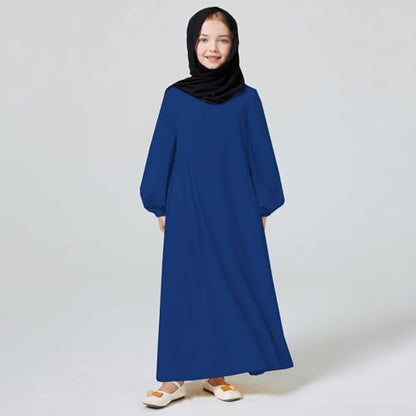 Kids Girls Muslim Abaya Long Lantern Sleeve Robe Maxi Dress Dubai Islamic Pleated Prayer Dress Full Cover Kaftan Casual - color: Royal Blue (Hijab), size: 9-10 Years