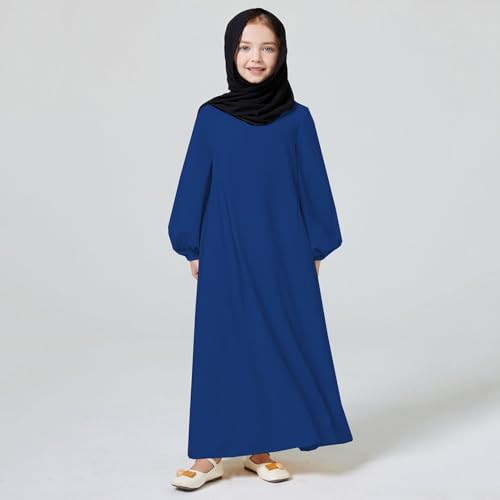 Kids Girls Muslim Abaya Long Lantern Sleeve Robe Maxi Dress Dubai Islamic Pleated Prayer Dress Full Cover Kaftan Casual - color: Royal Blue (Hijab), size: 5-6 Years