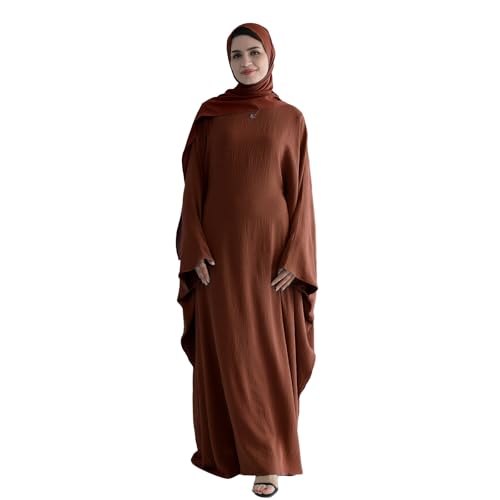 Abaya Muslim Women Dress Batwing Sleeve Loose Maxi Modest Islamic Clothes Prayer Dress with Hijab Scarf - color: Brown