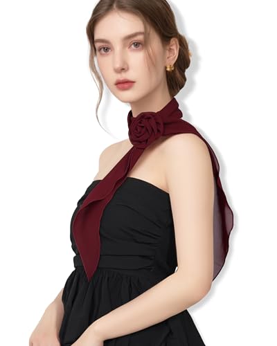 Chiffon Scarf for Women, Removable Flower Neck Scarf Light Soft Fashion Rose Scarves Versatile Headband or Hair Band - color: Burgundy