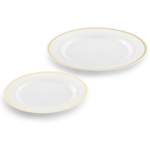 Elama 150 Piece Disposable Plastic Dinnerware Party Set for 25 Guests in White with Gold Trim - color: Gold