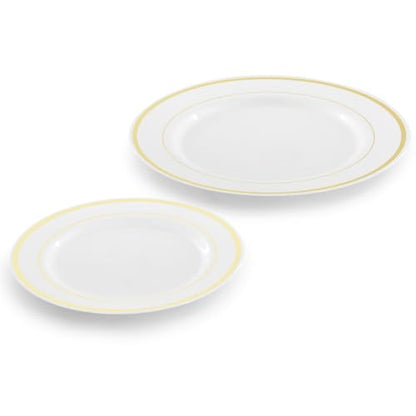 Elama 150 Piece Disposable Plastic Dinnerware Party Set for 25 Guests in White with Gold Trim - color: Gold