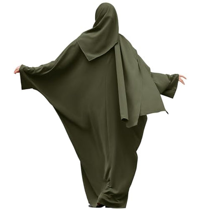 IDOPIP Abayas for Women Muslim Dress with Hijab, One-Piece Long Sleeve Islamic Prayer Dress with Khimar Jilbab Kaftan Clothes - color: Army Green + Hijab